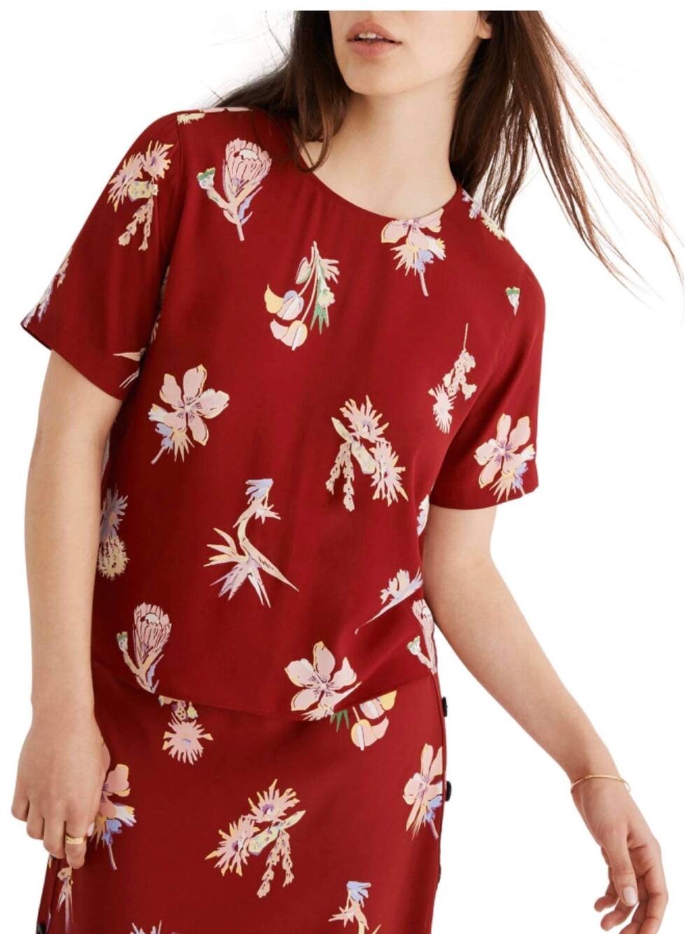 Madewell Red Birds of Paradise Floral Print Button Up Short Sleeve Top Size S